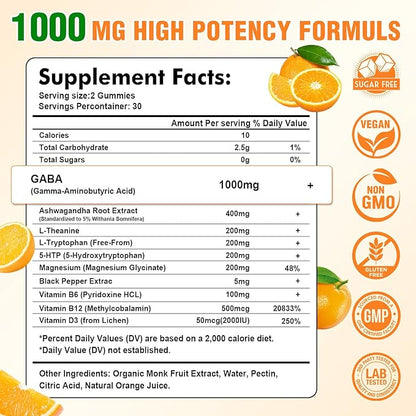 GABA Gummies for Adults, Relaxation, Zzz & Mood – Sugar-Free Calm Gummies with L-Theanine, 5-HTP, Vitamin D3 – Natural Zzz Support, GABA Supplements for Kids, Orange Flavor, 120 Count