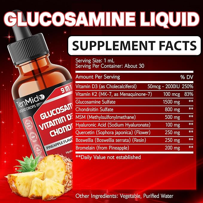Glucosamine Chondroitin MSM Liquid Drops - 9in1 with Vitamin D3, Vitamin K2, Hyaluronic Acid, Quercetin, Boswellia, and Bromelain - Vegan, Non-GMO - 30ml 1 Fl Oz