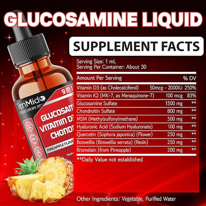 Glucosamine Chondroitin MSM Liquid Drops - 9in1 with Vitamin D3, Vitamin K2, Hyaluronic Acid, Quercetin, Boswellia, and Bromelain - Vegan, Non-GMO - 30ml 1 Fl Oz