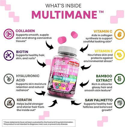 Clean Nutraceuticals Biotin Collagen Keratin Gummies | Hair Skin and Nails Vitamins for Women | Hyaluronic Acid Bamboo Vitamin A C D3 E Folate with Saw Palmetto Silica B3 B12 Vegan Gummy