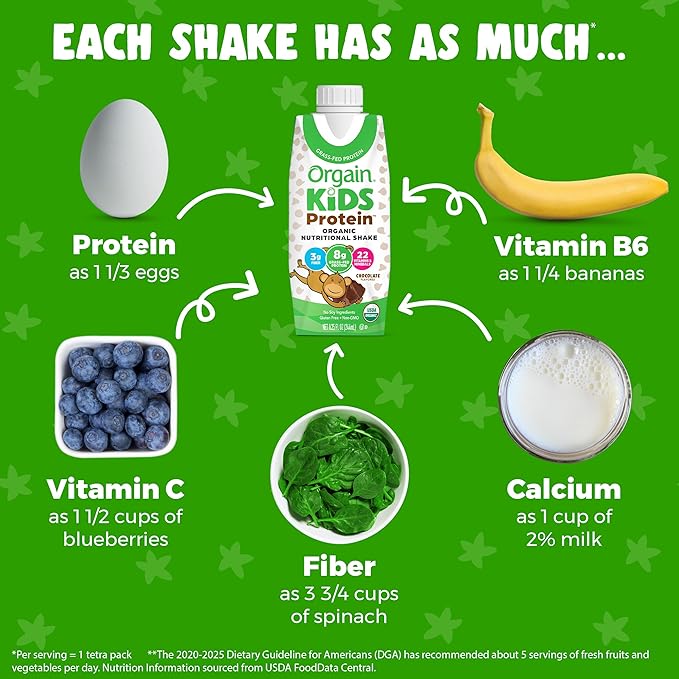 Orgain Organic Kids Nutritional Protein Shake, Chocolate, Healthy Kids Snacks, 8g Dairy Protein, 3g Fiber, 22 Vitamins & Minerals, No Soy Ingredients, Gluten Free, Non-GMO, 8.25 Fl Oz (Pack of 24)