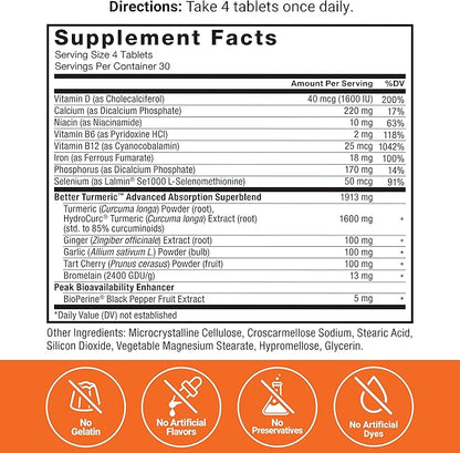 FORCE FACTOR Better Turmeric Curcumin 1600mg with Black Pepper & Ginger, Clinical Strength Joint Support Supplement, Superior Absorption, 120 Tablets