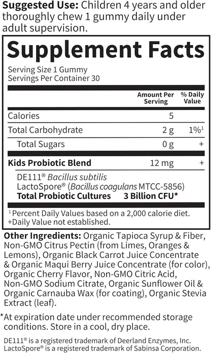 Garden of Life Kids Probiotic 3 Billion CFU, Cherry Flavor Gummies - Sugar Free Once Daily Probiotics for Kids, Probiotics plus Fiber for Children's Digestive & Immune Health, 30 Vegetarian Gummies