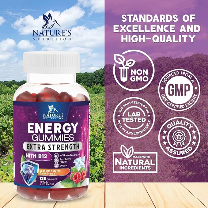 Energy Gummies - Vitamin B12 1000 mcg Per Serving - Daily Energy Gummy with Natural Caffeine from Green Tea, Berry Flavor B12 Chewable Exercise Supplement for Running Cycling & Sports - 120 Gummies