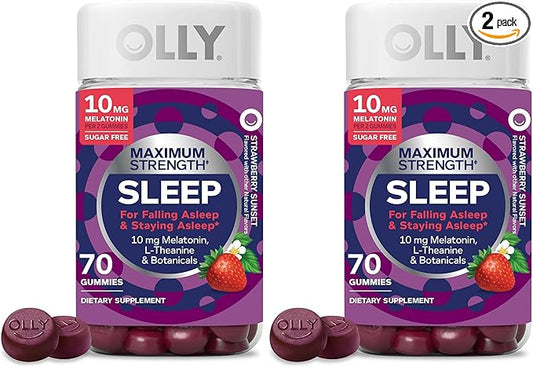 OLLY Max Strength Sleep Gummy,10mg Melatonin,L-Theanine,Chamomile,Lemon Balm,Sugar Free,Vegetarian Sleep Aid,Strawberry -,70 Count (Pack of 2)