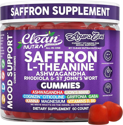 AuraZen Mood Support Saffron Gummies L-Theanine Ashwagandha Rhodiola St John's Wort Lions Mane GABA Vitamin D Magnesium Supplement | Calm Vegan Plant-Based Herbal Gummy By Clean Nutra