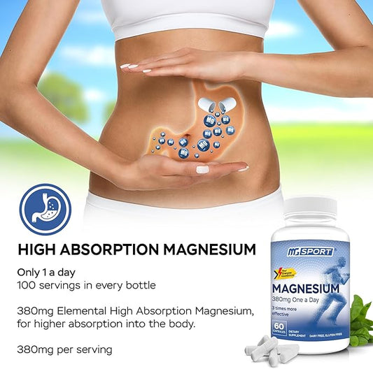 MGSPORT Magnesium Supplement 380mg - High Absorption Magnesium Complex Formula with Vitamins B6, D, E - Supports Muscle Function and Sleep Quality - 60 Servings