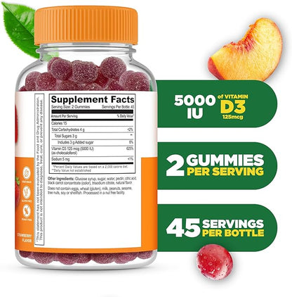 Vitamin D Gummies for Adults | 5000 IU | Great Tasting D3 Vitamin | Immune Support and Healthy Bones Vitamin D Supplement for Men, Women | 90 Gummies | Lifeable