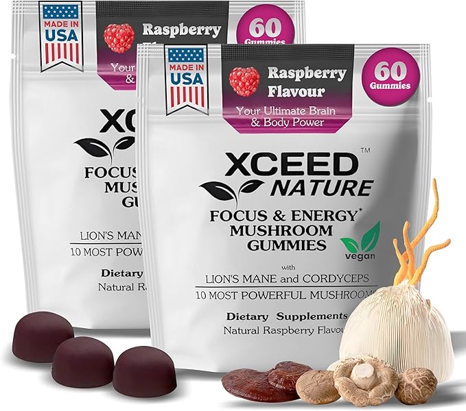 Lions Mane & Cordyceps Mushroom Gummies - 10in1 Supplement - for Focus, Energy, Mood, Memory & Clarity (2 Pack)