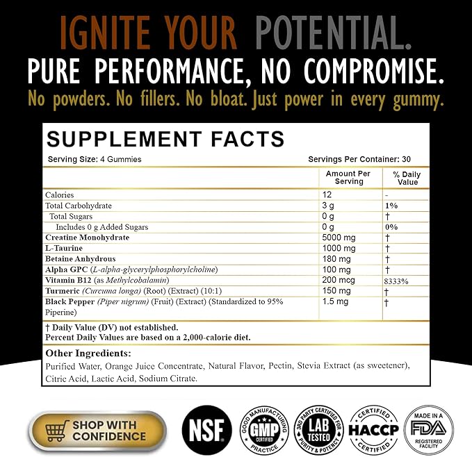 Creatine Monohydrate Gummies for Men & Women - Sugar Free & Vegan Advanced Formula W/L-Taurine + Vitamin B12 - for Muscle Strength, Muscles Builder, Recovery (120 Count (Pack of 1), Orange)