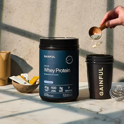 Gainful Lean Whey Protein Powder with 20g Protein per Serving, Unflavored, Supports Lean Muscle, Metabolism, and Satiety, with Green Tea Extract, Digestive Enzymes, Organic Fiber, 14 Servings