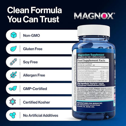 MAGNOX® Buster | Patented Clinically Tested 380mg Magnesium Supplement for Spasms & Leg Cramps at Night | One Capsule a Day for Almost Full Dosage | 3X More Absorption | Dead Sea Minerals (60 Caps)