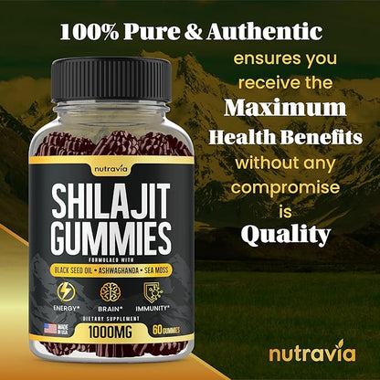 Shilajit Gummies - 3 in 1 with Sea Moss, Black Seed Oil, Ashwagandha - Natural Formula Shilajit Supplement 85+ Trace Minerals, Pure Himalayan Shilajit Gold Gomitas De Shilajit, USA Made (60 Gummies)