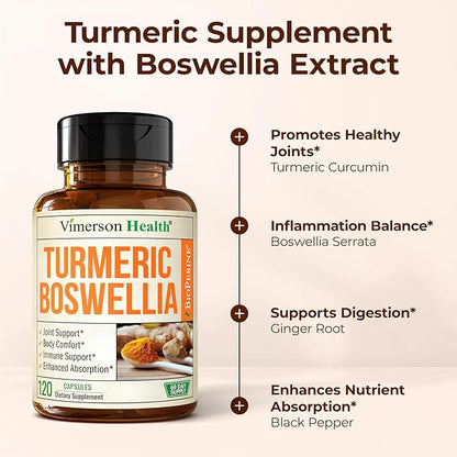 Boswellia Serrata Turmeric Supplement for Joint Support & Inflammation Balance – Turmeric Boswellia Supplement with Ginger & Black Pepper Extract for Enhanced Absorption – Non-GMO - 120 Capsules