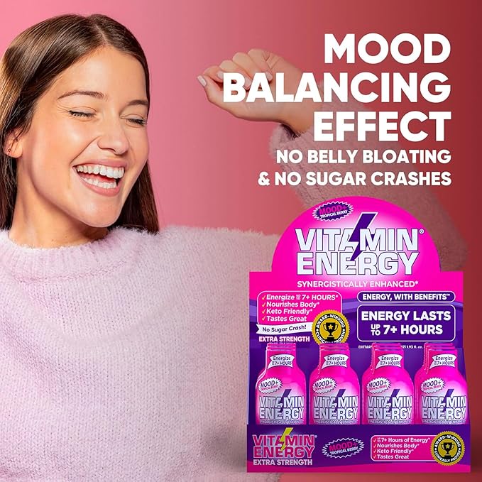 Vitamin Energy Mood+ Extra Strength Energy Shot Tropical Berry 12 Pack, 260mg Natural Caffeine, B-Vitamins, Rhodiola, Chamomile, Mood & Energy Support, Zero Sugar, Gluten-Free, Vegan, 1.93 fl oz