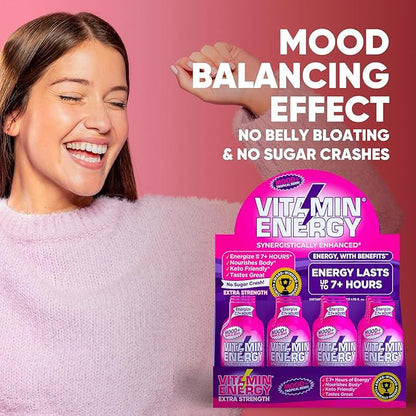 Vitamin Energy Mood+ Extra Strength Energy Shot Tropical Berry 12 Pack, 260mg Natural Caffeine, B-Vitamins, Rhodiola, Chamomile, Mood & Energy Support, Zero Sugar, Gluten-Free, Vegan, 1.93 fl oz