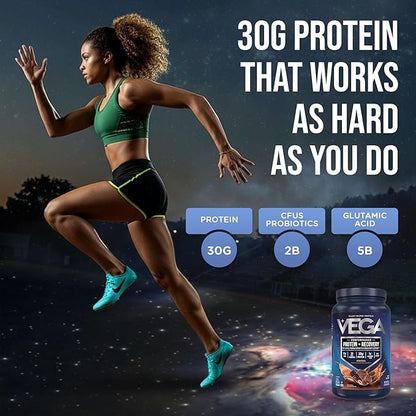 Vega Sport Vegan Protein Powder + Recovery - 30g Plant Based Protein per Serving, Mocha, 19 Servings, 5g BCAAs, Probiotics, NSF Certified, for Shakes & Smoothies, 1.8lbs (Packaging May Vary)