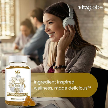 VITA Globe Mushroom Complex Gummies with Reishi, Lions Mane Mushrooms, Chaga, Cordyceps & More, Mushroom Supplement for Immune Defense, Energy & Brain Function Support, 250mg, 60 Count (Pack of 1)
