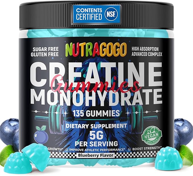 NSF Certified Creatine Gummy - Creatine Monohydrate Gummies for Men & Women-5g of Creatine Monohydrate per Serving - Sugar Free,Vegan, Blueberry Electrolyte Chews, 135 Count