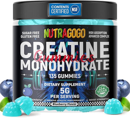 NSF Certified Creatine Gummy - Creatine Monohydrate Gummies for Men & Women-5g of Creatine Monohydrate per Serving - Sugar Free,Vegan, Blueberry Electrolyte Chews, 135 Count
