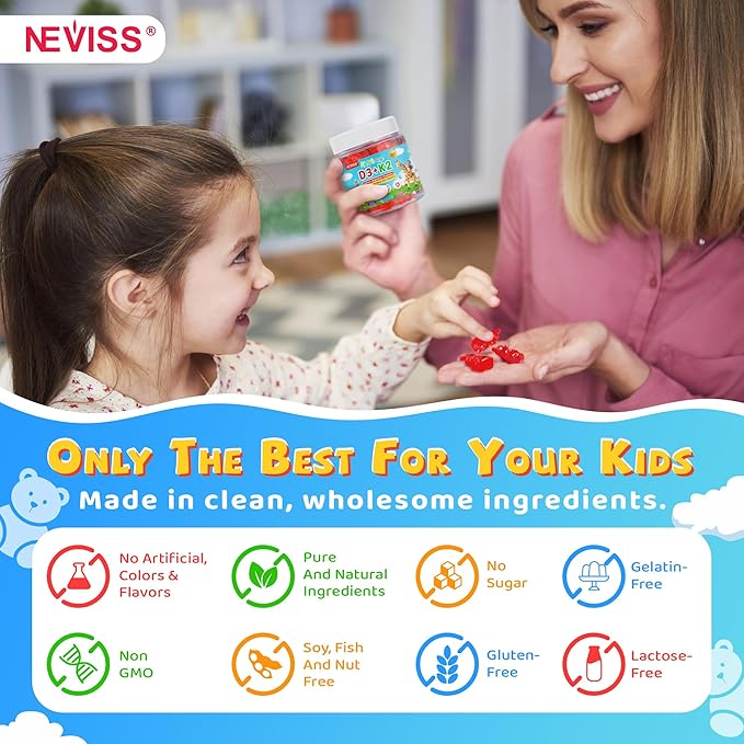 Vitamin D3 K2 Gummies for Kids + Calcium, Magnesium, Zinc, Phosphorus, Vitamin C, Kids Multivitamin D3 & K2 Supplement for Bṏne Health, Calcium Absorption, Focus & Immunity, Non GMO, Sugar Free, 60Cts