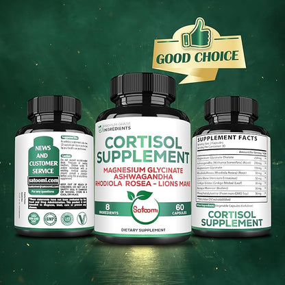 Satoomi 8in1 Cortisol Manager with Magnesium Glycinate, Ashwagandha, Rhodiola Rosea, Lions Mane & More - Cortisol Reducer Supplement Men & Women - 60 Capsules