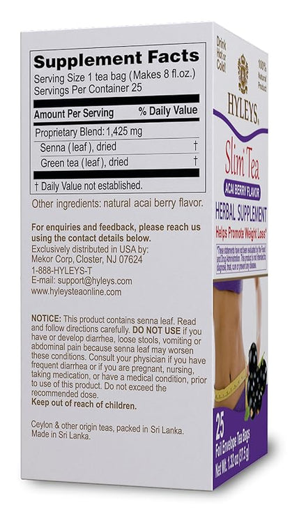 Hyleys Slim Tea Acai Berry Flavor - Weight Loss Herbal Supplement Cleanse and Detox - 25 Tea Bags (12 Pack)