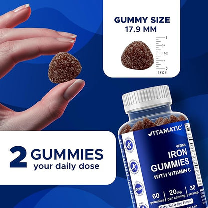 Vitamatic Iron Gummies Supplement for Women & Men - 20mg Serving - 60 Vegan Gummies - Great Tasting Iron Gummy Vitamins with Vitamin C (60 Count (Pack of 3))