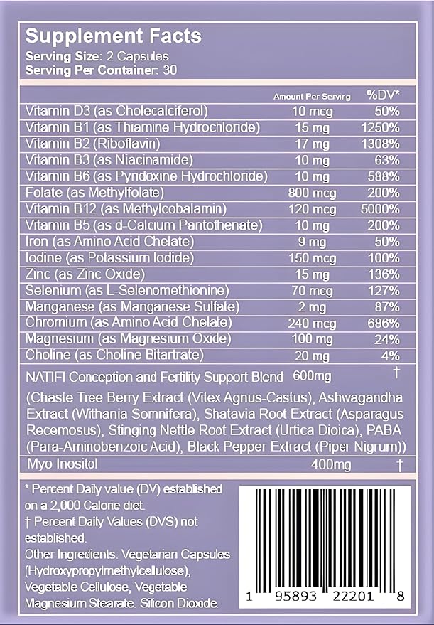 Natifi (2 Bottles Fertility Prenatal Vitamins Regulate Cycles Balance Hormones, Aid Ovulation. Conception Multivitamin for Women. 60 Caps Folic Acid, Myo Inositol, Vitex