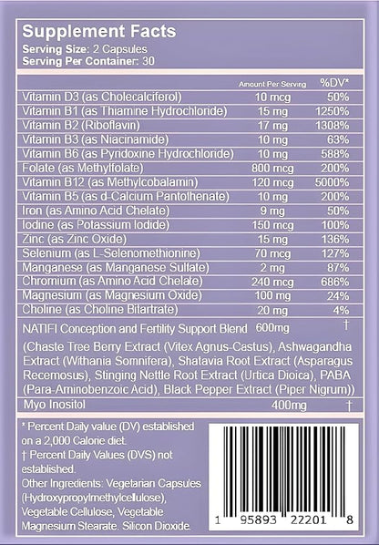 Natifi (2 Bottles Fertility Prenatal Vitamins Regulate Cycles Balance Hormones, Aid Ovulation. Conception Multivitamin for Women. 60 Caps Folic Acid, Myo Inositol, Vitex