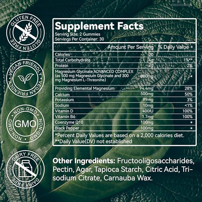 Magnesium Glycinate Gummies 500mg with L-Threonate 300mg - Sugar-Free Magnesium Potassium Supplement with Vitamin D, B6, CoQ10 - Strawberry Flavored - 120 Gummies