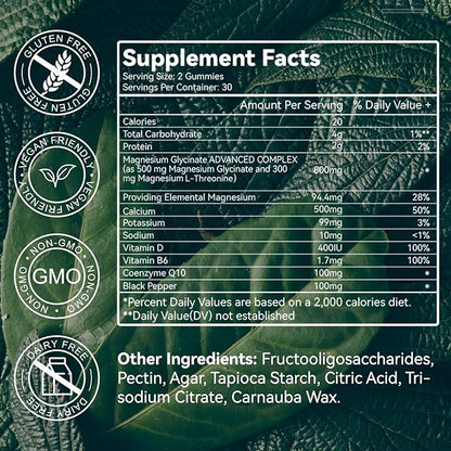 Magnesium Glycinate Gummies 500mg with L-Threonate 300mg - Sugar-Free Magnesium Potassium Supplement with Vitamin D, B6, CoQ10 - Strawberry Flavored - 120 Gummies