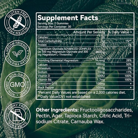 Magnesium Glycinate Gummies 500mg with L-Threonate 300mg - Sugar-Free Magnesium Potassium Supplement with Vitamin D, B6, CoQ10 - Strawberry Flavored - 120 Gummies