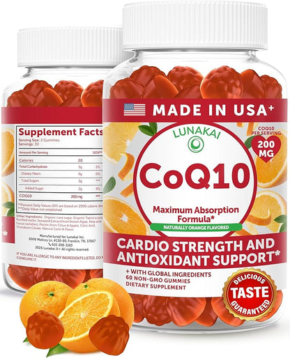 Lunakai USA Made CoQ10 Gummies for Adults – 200mg High Potency Coenzyme Q10 Supplement for Daily Heart, Energy & Antioxidant Support for Women & Men, Non-GMO, 60ct