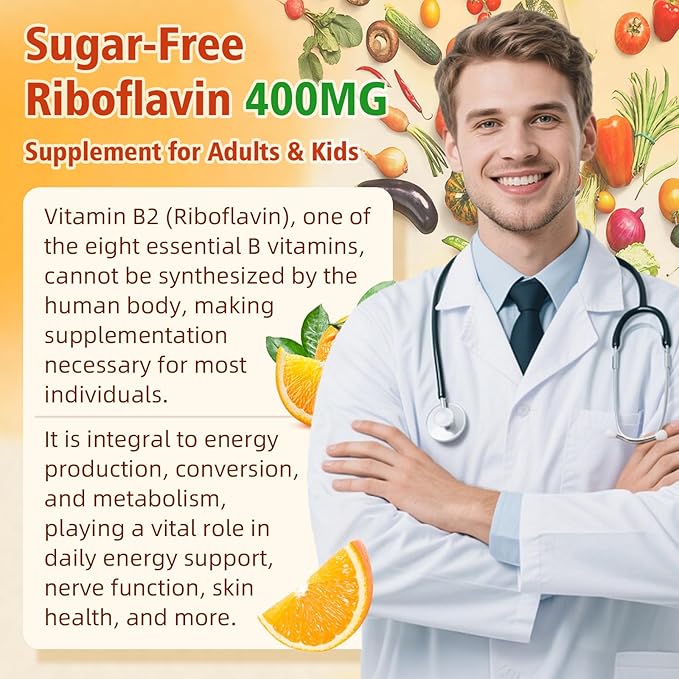 Vitamin B2 Gummies - Riboflavin 400mg for Kids & Adults, Migraine Relief & Headache Relief, Vegan, Sugar-Free, Orange Flavor, 60 Gummies