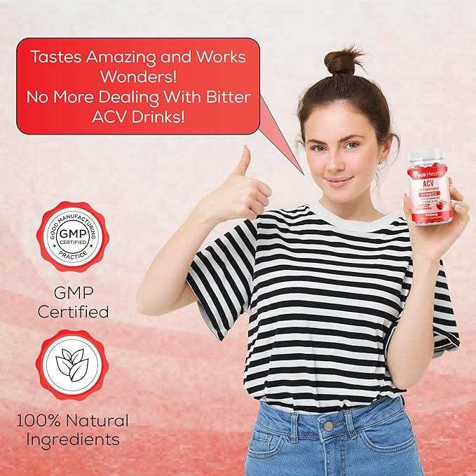 Peakhealth Apple Cider Vinegar Gummies with Vitamins - Delicious Apple Flavor for Women's Health, Metabolism Support & Digestive Wellness, 1000mg ACV with B12, B6, Folic Acid, 60 Vegan Gummies