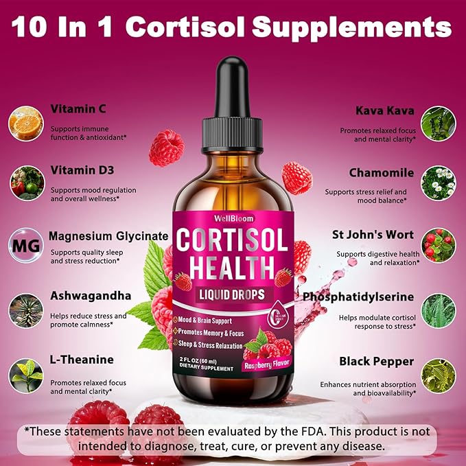 Cortisol Reducer for Women & Men with Magnesium Glycinate, Ashwagandha, L-Theanine - Supports Stress Relief, Sleep & Heart Health, Nerves, Muscles - 2 Fl Oz