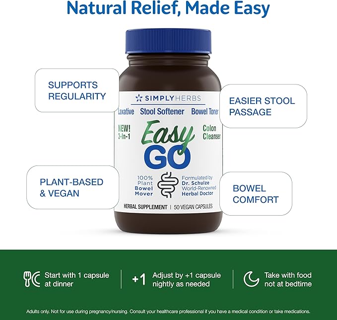 Simply Herbs Easy Go Bowel Mover - Adult Cleansing Supplement for Colon Health Support - Bowel Movement Aid - Stool Softener - Daily-Use Laxative - Plant-Based Ingredients - Vegan - 50 Count