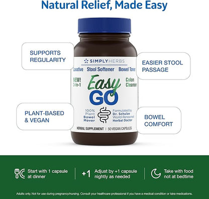 Simply Herbs Easy Go Bowel Mover - Adult Cleansing Supplement for Colon Health Support - Bowel Movement Aid - Stool Softener - Daily-Use Laxative - Plant-Based Ingredients - Vegan - 50 Count