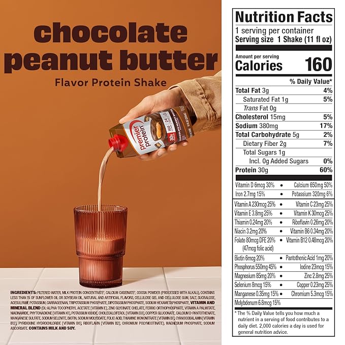 Premier Protein Shake, Chocolate Peanut Butter, 30g Protein, No Added Sugar, 24 Vitamins & Minerals to Support Immune Health, 11 fl oz, 4 Pack