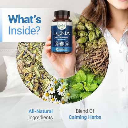 Nested Naturals Luna Sleep Supplement, Melatonin Free, Non-Habit Forming Herbal Sleep Supplement, Adult Bedtime Support, Help Sleeping w/Chamomile, Valerian, L-Theanine, 60 Vegan Capsules