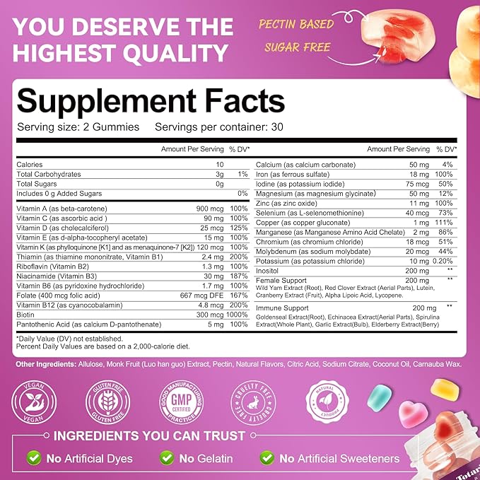 Totaria Sugar Free Womens Multivitamin Gummies with Iron, Women's Multivitamin w/Vitamins C, D3 K2, B12, B6, Filled Gummies for Daily Nutritional Support| Immune Support| Skin Health, Mixed Flavors