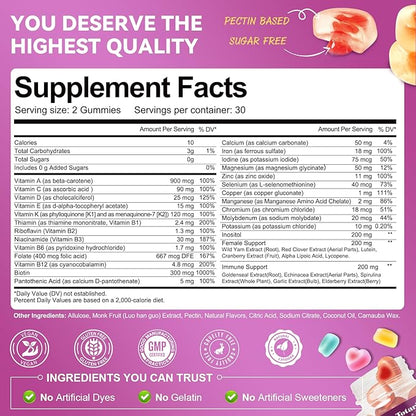 Totaria Sugar Free Womens Multivitamin Gummies with Iron, Women's Multivitamin w/Vitamins C, D3 K2, B12, B6, Filled Gummies for Daily Nutritional Support| Immune Support| Skin Health, Mixed Flavors