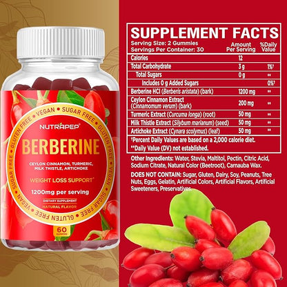 Premium Berberine HCl Weight Loss Support Gummies - 1200 mg Berberine HCl with Ceylon Cinnamon Turmeric Milk Thistle Artichoke for Metabolism Appetite Support - Sugar Free Gluten Free