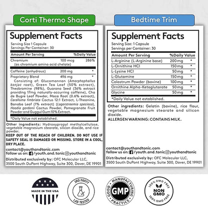 Youth & Tonic Weight Loss Support Night & Day Pills - Bedtime Trim & Cortithermo Shape - Nighttime Recovery + Daytime Energy & Metabolism Support – 60 Capsules for Women & Men