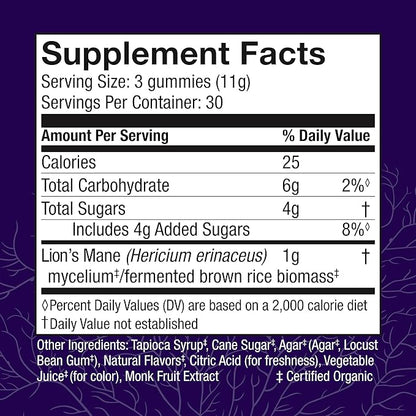 Host Defense Mushrooms Lion's Mane Gummies - Brain Health Support - Mushroom Supplement to Support Focus & Memory Function - Immune & Nervous System Support - Blueberry, 90 Gummies*