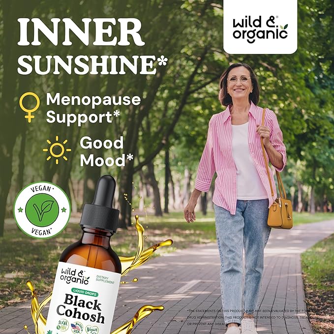 Wild & Organic Black Cohosh Supplements Women - Menopause & Perimenopause Support - 540 mg Natural Black Cohosh Tincture - Add to Tea Liquid Drops - 2-Month Supply - Vegan, Sugar & Alcohol-Free - 2 oz