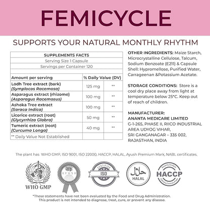 FEMICYCLE Herbal Supplement for Women – PMS, Hormonal & Menstrual Cycle Support – Lodh Tree, Ashoka, Asparagus, Licorice & Turmeric – Period Wellness Formula – 120 Vegan Capsules