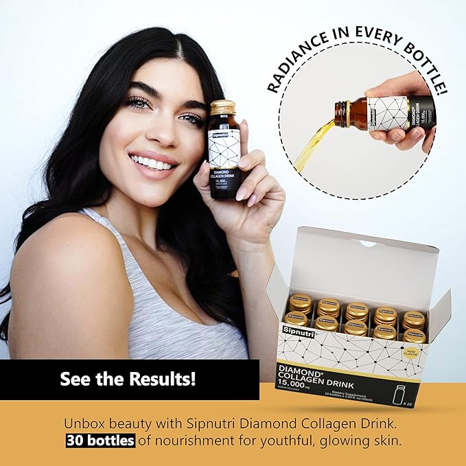 Diamond Liquid Collagen Drink for Women & Men, 15000 mg Hydrolyzed Marine Collagen Peptides with Vitamin C, Pomegranate, Hair Skin Nails Joints Bones Support, 50 ml x 30 Bottles