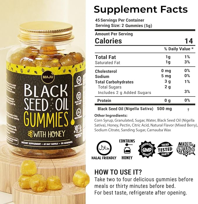 MAJU's Black Seed Oil Gummies with Honey 90ct, 500mg BSO Gummy, Black Cumin Seed Nigella Sativa Oil, Cold-Pressed, Potent Formula, 90ct